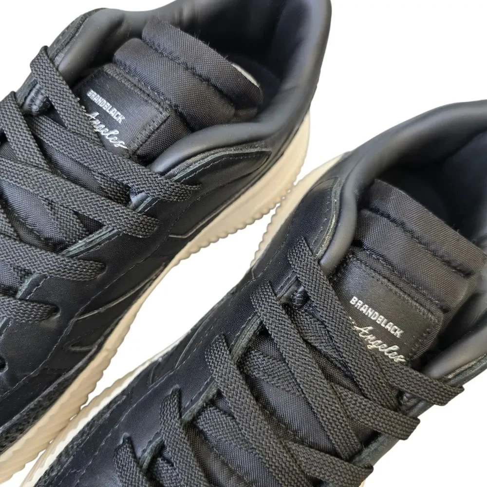 Brandblack Men’s 8.5 Black Leather Low Top Casual Streetwear Sneakers Shoes